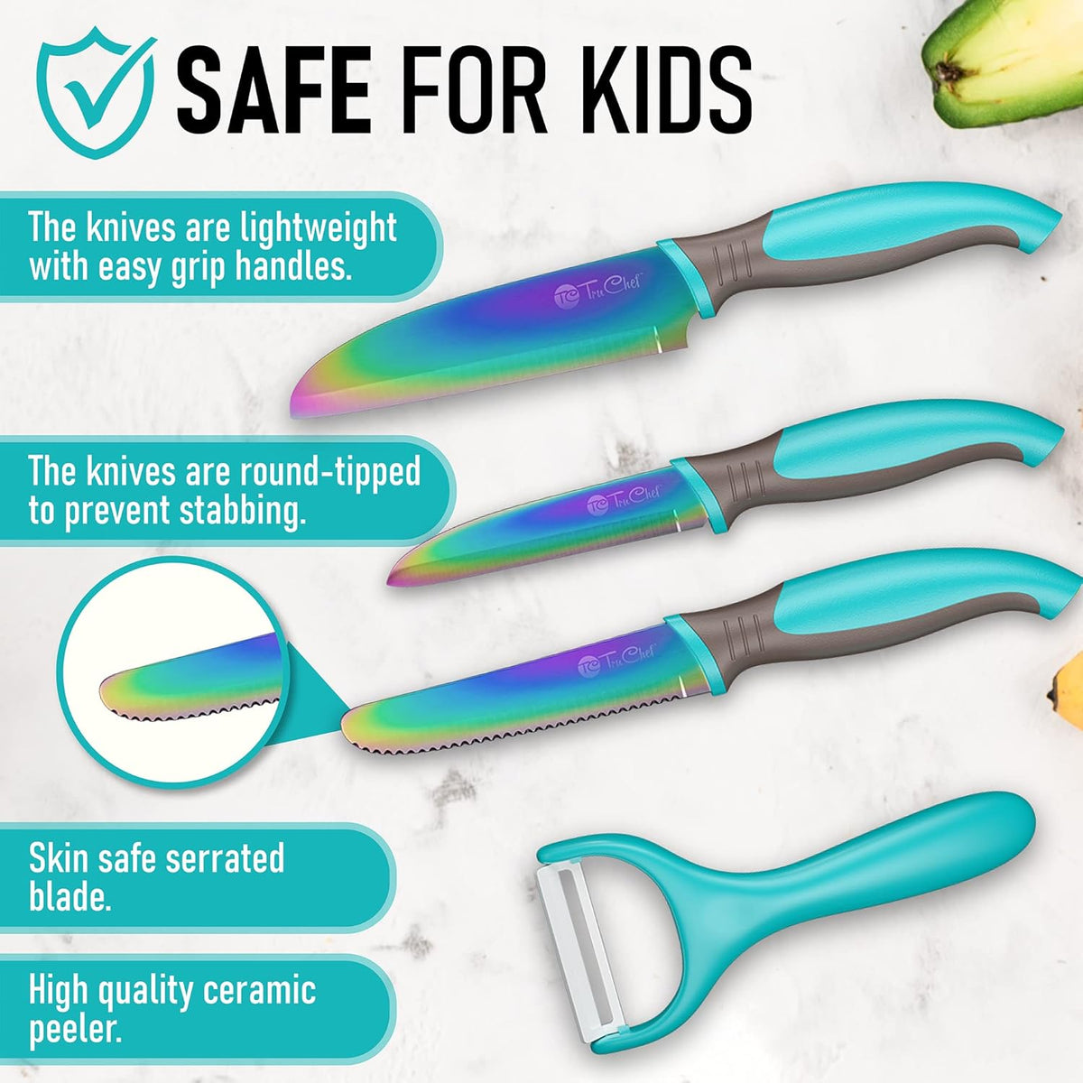 5-Piece Kids Knife Set for Real Cooking | Stainless Steel Chef, Paring & Serrated Knives with Peeler & Holder | Safe Junior Chef Cooking Set for Kids (5 pcs, Pink)