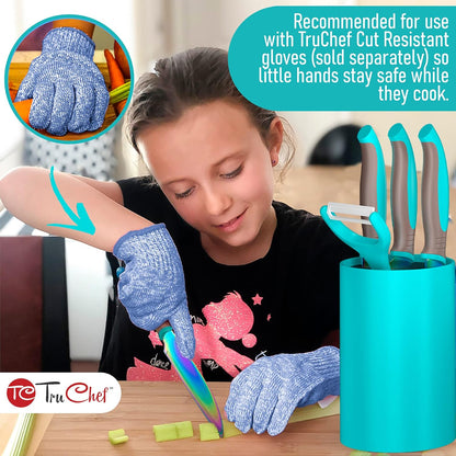 5-Piece Kids Knife Set for Real Cooking | Stainless Steel Chef, Paring & Serrated Knives with Peeler & Holder | Safe Junior Chef Cooking Set for Kids (5 pcs, Pink)
