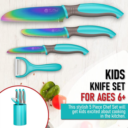 5-Piece Kids Knife Set for Real Cooking | Stainless Steel Chef, Paring & Serrated Knives with Peeler & Holder | Safe Junior Chef Cooking Set for Kids (5 pcs, Pink)