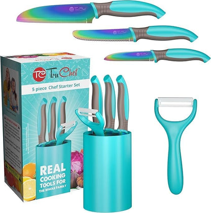 5-Piece Kids Knife Set for Real Cooking | Stainless Steel Chef, Paring & Serrated Knives with Peeler & Holder | Safe Junior Chef Cooking Set for Kids (5 pcs, Pink)