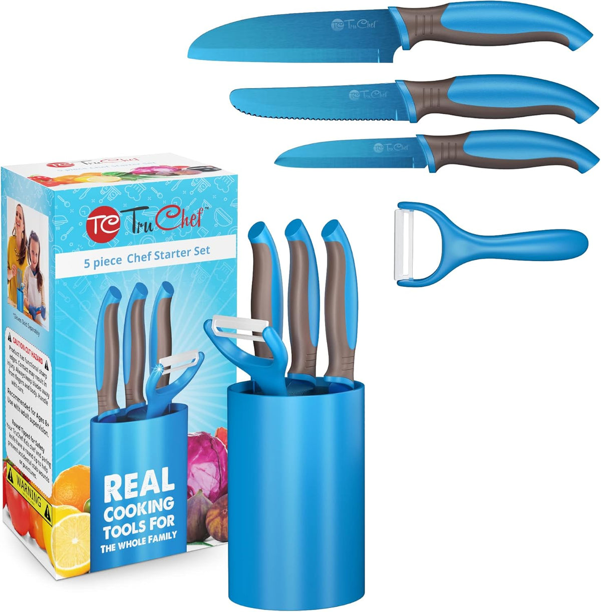 5-Piece Kids Knife Set for Real Cooking | Stainless Steel Chef, Paring & Serrated Knives with Peeler & Holder | Safe Junior Chef Cooking Set for Kids (5 pcs, Pink)