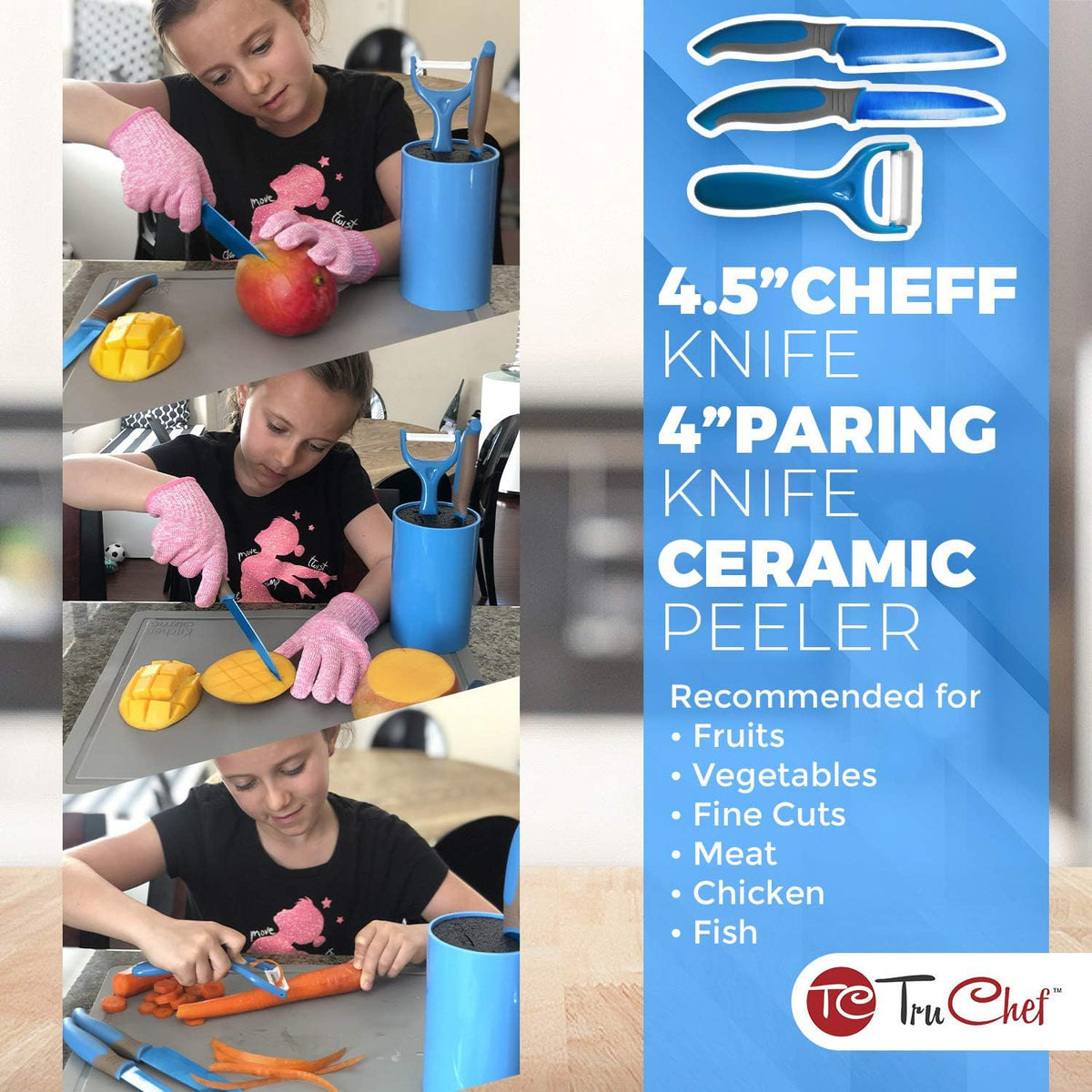 5-Piece Kids Knife Set for Real Cooking | Stainless Steel Chef, Paring & Serrated Knives with Peeler & Holder | Safe Junior Chef Cooking Set for Kids (5 pcs, Pink)