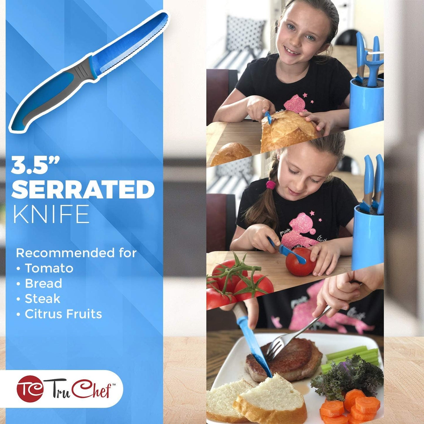 5-Piece Kids Knife Set for Real Cooking | Stainless Steel Chef, Paring & Serrated Knives with Peeler & Holder | Safe Junior Chef Cooking Set for Kids (5 pcs, Pink)