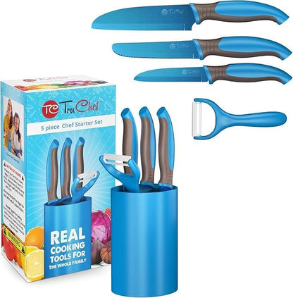 5-Piece Kids Knife Set for Real Cooking | Stainless Steel Chef, Paring & Serrated Knives with Peeler & Holder | Safe Junior Chef Cooking Set for Kids (5 pcs, Pink)