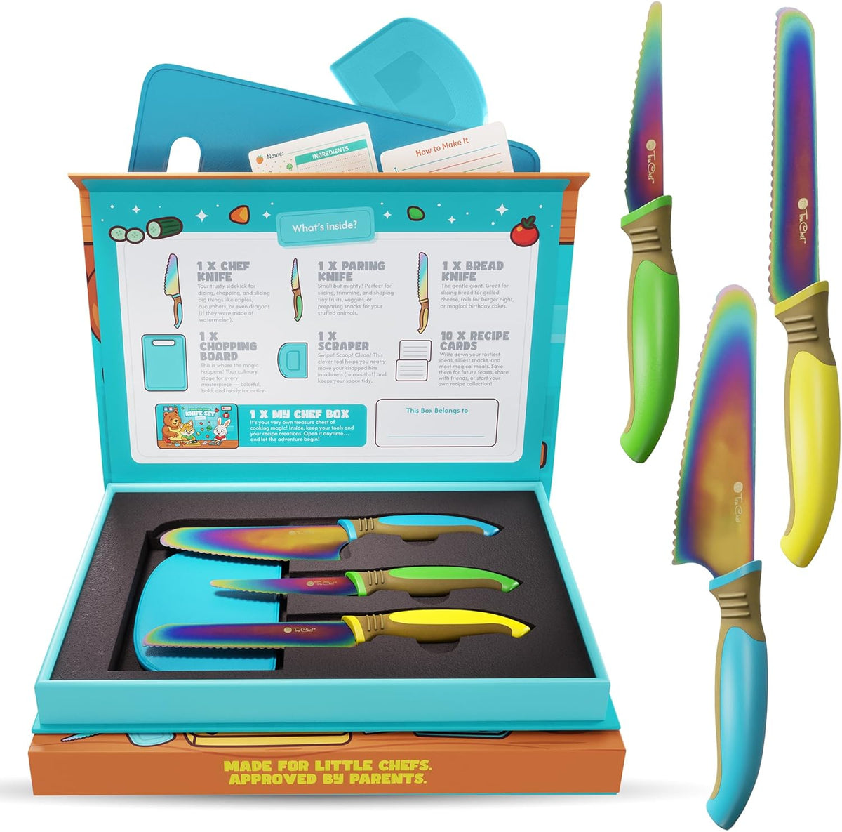 5-Piece Kids Knife Set for Real Cooking | Stainless Steel Chef, Paring & Serrated Knives with Peeler & Holder | Safe Junior Chef Cooking Set for Kids (5 pcs, Pink)