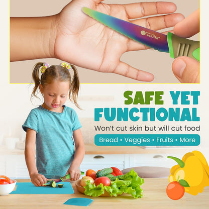 5-Piece Kids Knife Set for Real Cooking | Stainless Steel Chef, Paring & Serrated Knives with Peeler & Holder | Safe Junior Chef Cooking Set for Kids (5 pcs, Pink)