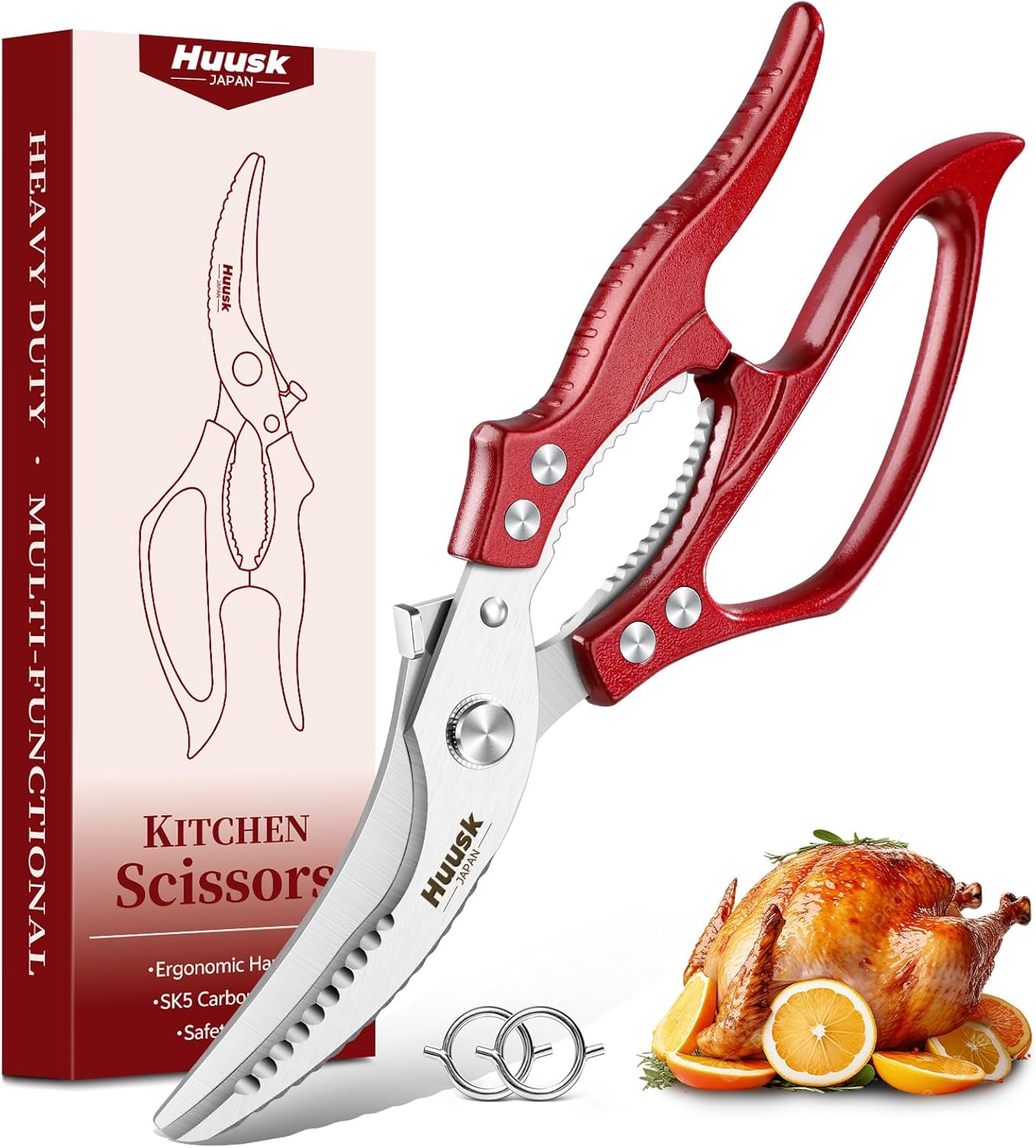 Huusk Poultry Shears Heavy Duty – All Purpose Japanese Kitchen Scissors | SK5 Steel Kitchen Shears for Meat, Fish, Vegetables, Chicken Bones, Turkey, Ergonomic Non-Slip Red Handle, Gifts for Women
