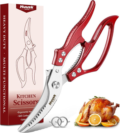 Huusk Poultry Shears Heavy Duty – All Purpose Japanese Kitchen Scissors | SK5 Steel Kitchen Shears for Meat, Fish, Vegetables, Chicken Bones, Turkey, Ergonomic Non-Slip Red Handle, Gifts for Women