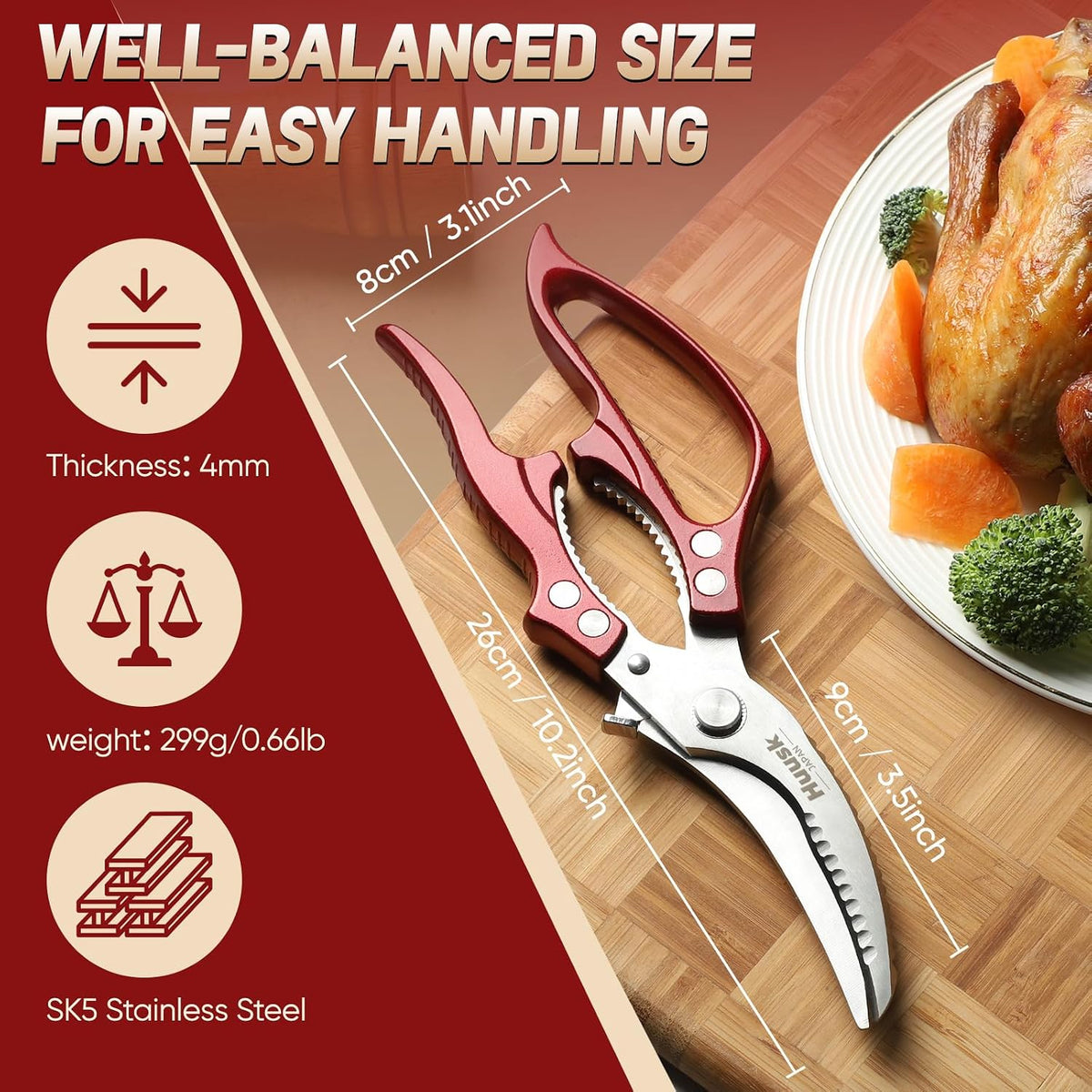 Huusk Poultry Shears Heavy Duty – All Purpose Japanese Kitchen Scissors | SK5 Steel Kitchen Shears for Meat, Fish, Vegetables, Chicken Bones, Turkey, Ergonomic Non-Slip Red Handle, Gifts for Women
