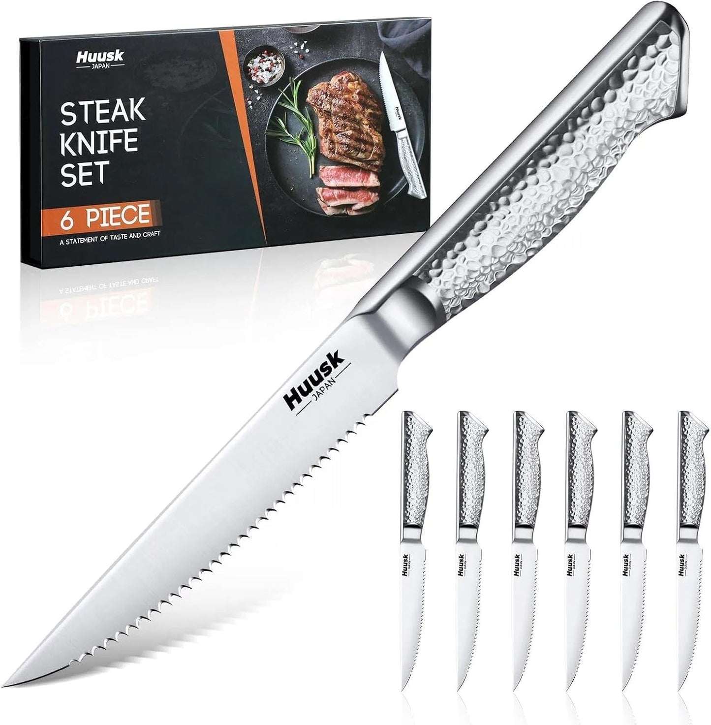 Huusk Japanese Steak Knives Set of 6, 4.5" Serrated Steak Knife Set | Stainless Steel Steaks Knives, One-Piece Structure with Anti-slip Handle, Dishwasher Safe, Homewarming Gifts for Men Women