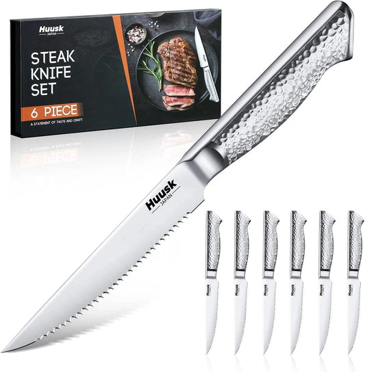 Huusk Japanese Steak Knives Set of 6, 4.5" Serrated Steak Knife Set | Stainless Steel Steaks Knives, One-Piece Structure with Anti-slip Handle, Dishwasher Safe, Homewarming Gifts for Men Women