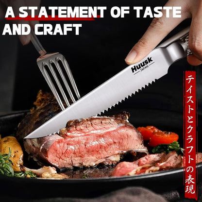 Huusk Japanese Steak Knives Set of 6, 4.5" Serrated Steak Knife Set | Stainless Steel Steaks Knives, One-Piece Structure with Anti-slip Handle, Dishwasher Safe, Homewarming Gifts for Men Women