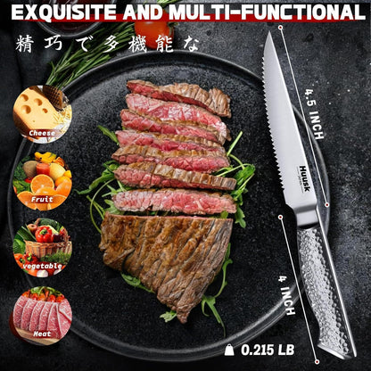 Huusk Japanese Steak Knives Set of 6, 4.5" Serrated Steak Knife Set | Stainless Steel Steaks Knives, One-Piece Structure with Anti-slip Handle, Dishwasher Safe, Homewarming Gifts for Men Women