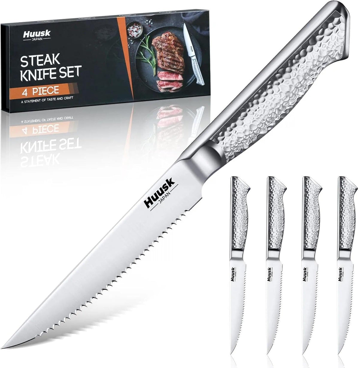 Huusk Japanese Steak Knives Set of 6, 4.5" Serrated Steak Knife Set | Stainless Steel Steaks Knives, One-Piece Structure with Anti-slip Handle, Dishwasher Safe, Homewarming Gifts for Men Women