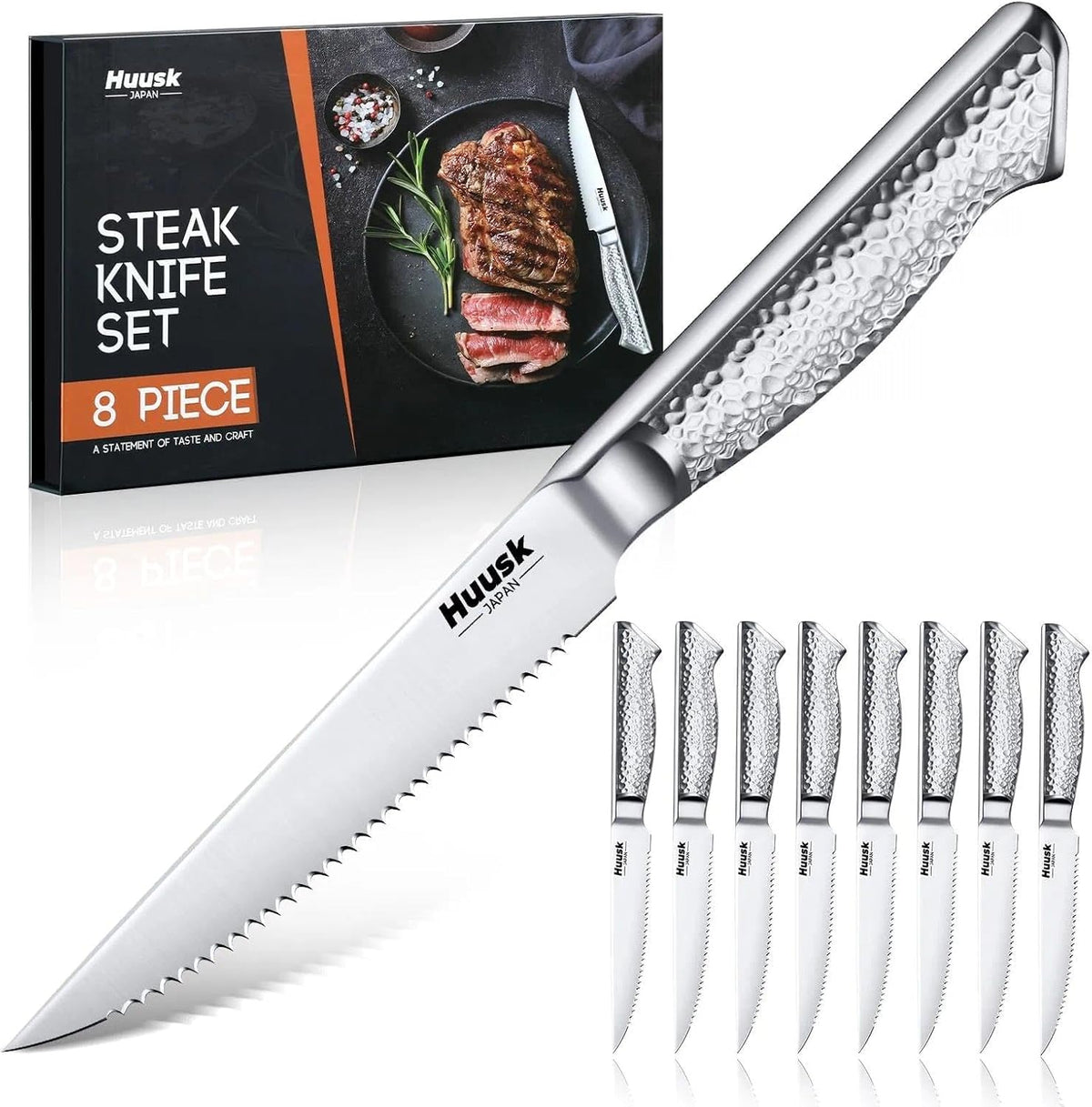 Huusk Japanese Steak Knives Set of 6, 4.5" Serrated Steak Knife Set | Stainless Steel Steaks Knives, One-Piece Structure with Anti-slip Handle, Dishwasher Safe, Homewarming Gifts for Men Women