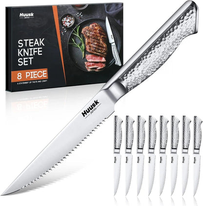 Huusk Japanese Steak Knives Set of 6, 4.5" Serrated Steak Knife Set | Stainless Steel Steaks Knives, One-Piece Structure with Anti-slip Handle, Dishwasher Safe, Homewarming Gifts for Men Women