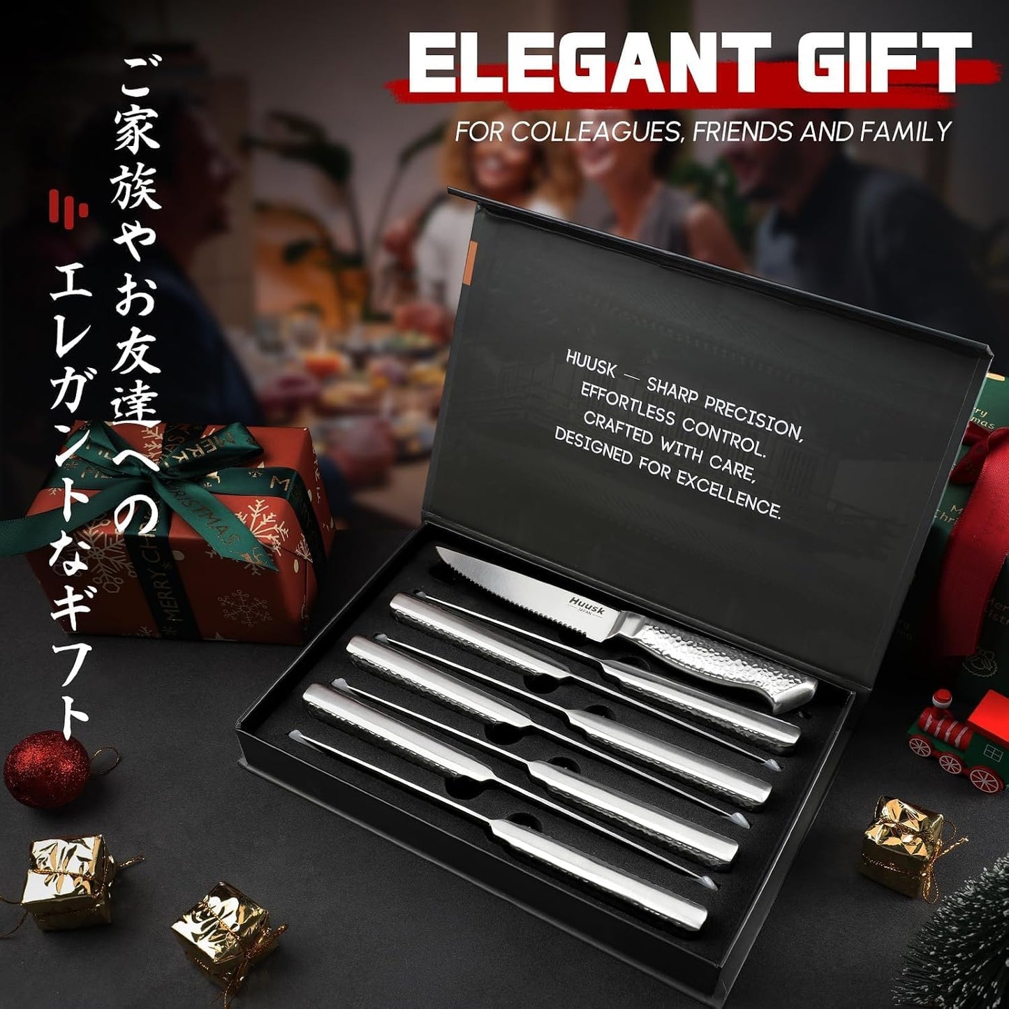 Huusk Japanese Steak Knives Set of 6, 4.5" Serrated Steak Knife Set | Stainless Steel Steaks Knives, One-Piece Structure with Anti-slip Handle, Dishwasher Safe, Homewarming Gifts for Men Women