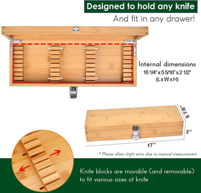 Bamboo Kitchen Knife Holder Lock Box - Knife Drawer Organizer Lockable Storage Box with Lock and Key to Keep Kids Safe from Sharp Knives. Multi Purpose Safe Box (Knives Not Included) (Large)