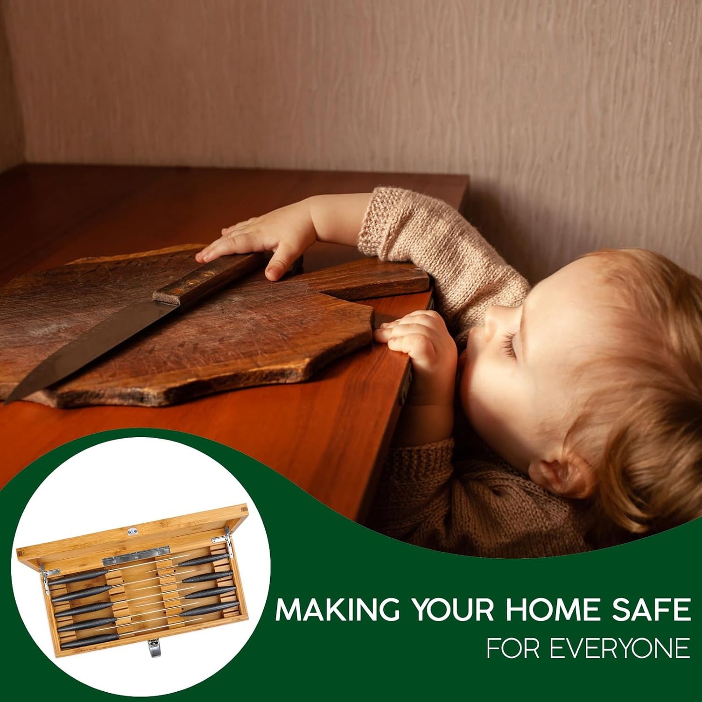 Bamboo Kitchen Knife Holder Lock Box - Knife Drawer Organizer Lockable Storage Box with Lock and Key to Keep Kids Safe from Sharp Knives. Multi Purpose Safe Box (Knives Not Included) (Large)