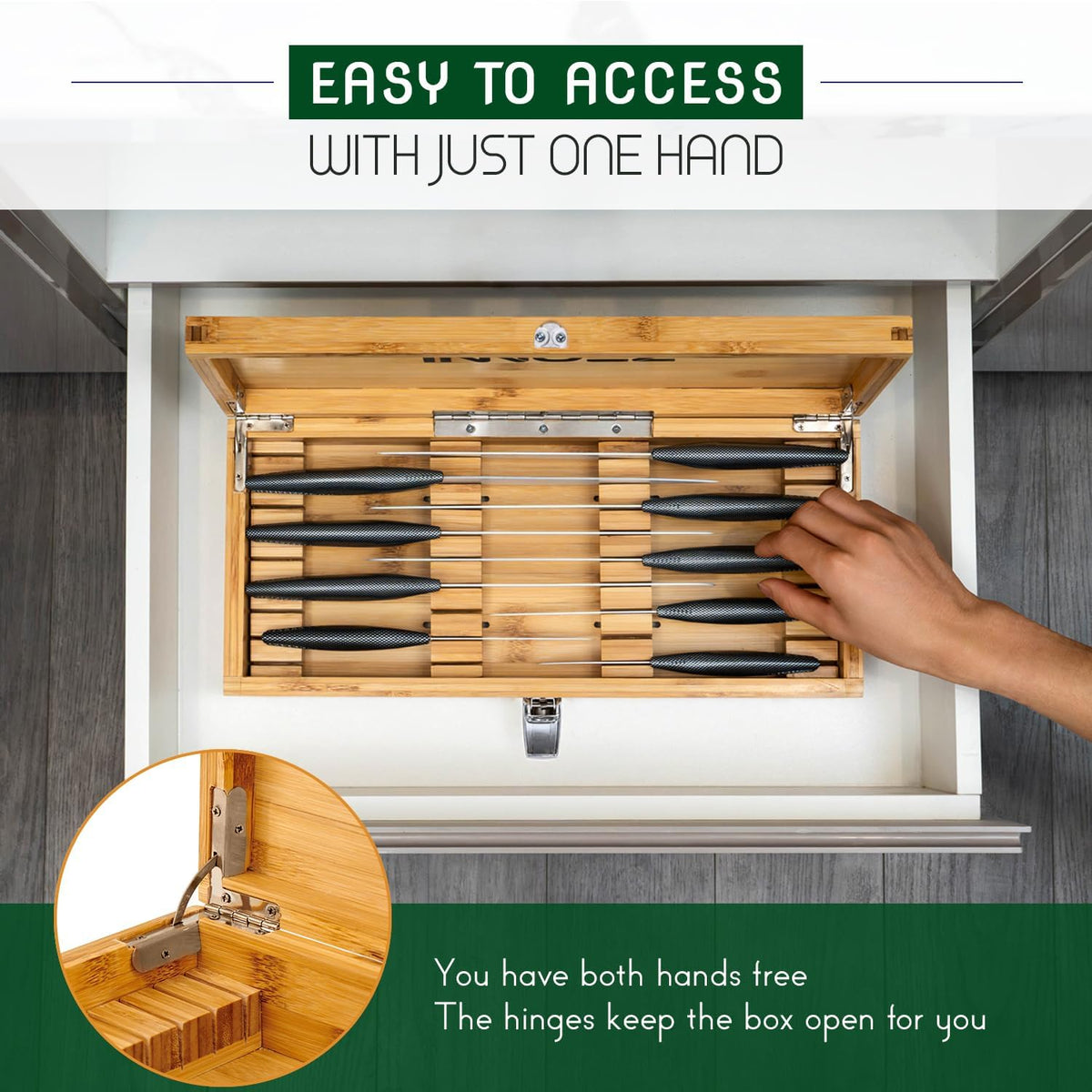 Bamboo Kitchen Knife Holder Lock Box - Knife Drawer Organizer Lockable Storage Box with Lock and Key to Keep Kids Safe from Sharp Knives. Multi Purpose Safe Box (Knives Not Included) (Large)