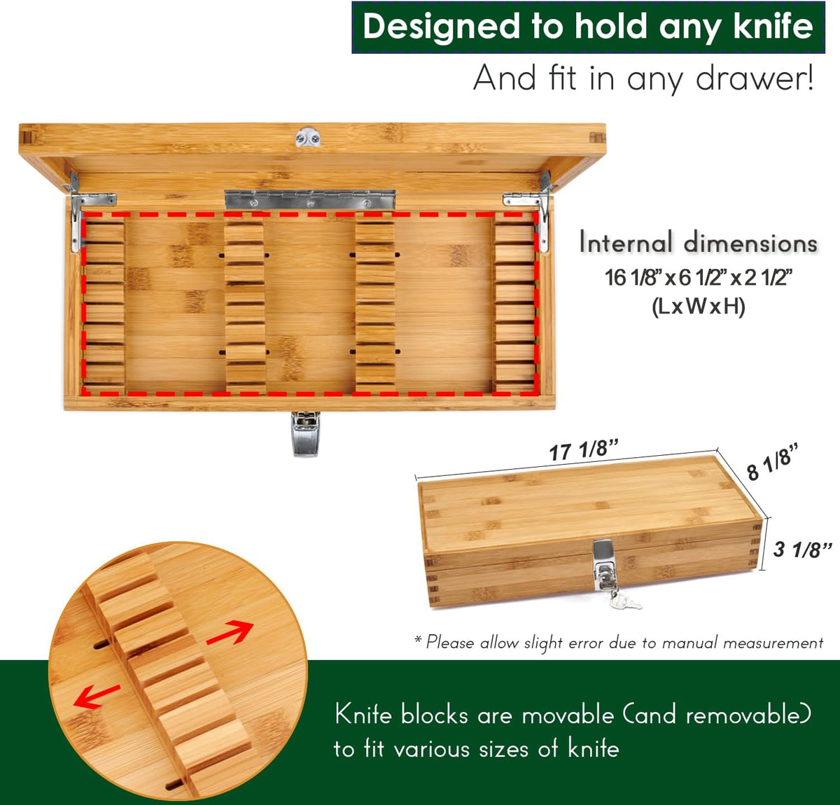 Bamboo Kitchen Knife Holder Lock Box - Knife Drawer Organizer Lockable Storage Box with Lock and Key to Keep Kids Safe from Sharp Knives. Multi Purpose Safe Box (Knives Not Included) (Large)