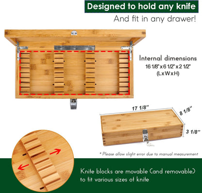 Bamboo Kitchen Knife Holder Lock Box - Knife Drawer Organizer Lockable Storage Box with Lock and Key to Keep Kids Safe from Sharp Knives. Multi Purpose Safe Box (Knives Not Included) (Large)