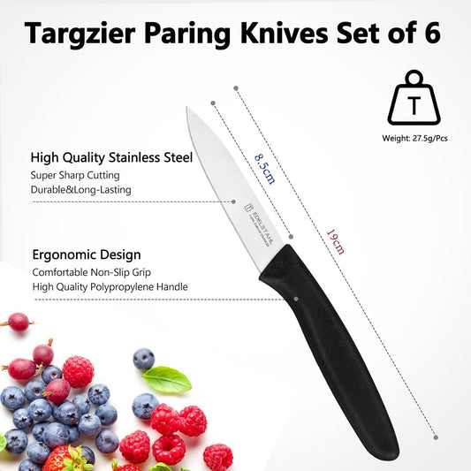 Paring Knife Set of 6,Premium Paring Knives,Stainless Steel Vegetable&Fruit Knife,Sharp Small Knife Set,Straight Edge Paring Knives Set,PP Plastic Handle Cutting Knifes,Black,Peeling Knives
