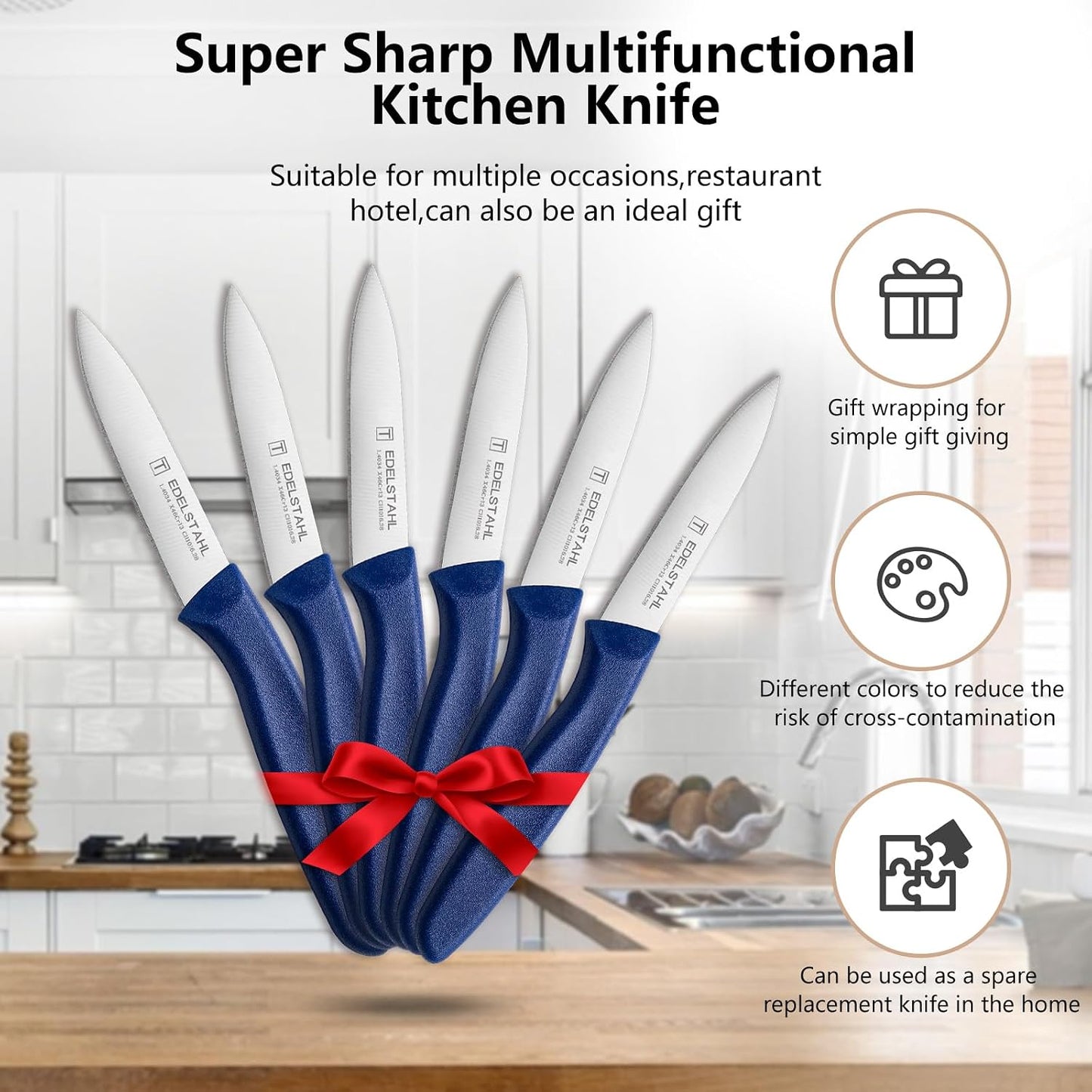 Paring Knife Set of 6,Premium Paring Knives,Stainless Steel Vegetable&Fruit Knife,Sharp Small Knife Set,Straight Edge Paring Knives Set,PP Plastic Handle Cutting Knifes,Black,Peeling Knives