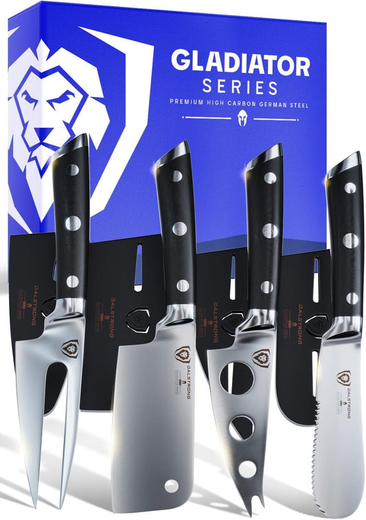 Charcuterie & Cheese Knife Set-4pc-Gladiator Series Elite-Mini Cleaver, Serrated,Round-Tip,Forked Cheese Knives Set-G10 Handle-Soft & Hard Cheese-Sheath-NSF Certified