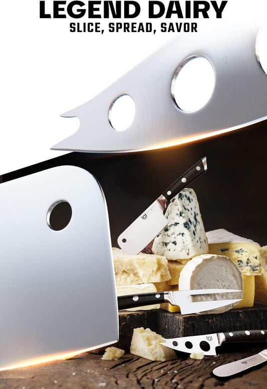 Charcuterie & Cheese Knife Set-4pc-Gladiator Series Elite-Mini Cleaver, Serrated,Round-Tip,Forked Cheese Knives Set-G10 Handle-Soft & Hard Cheese-Sheath-NSF Certified