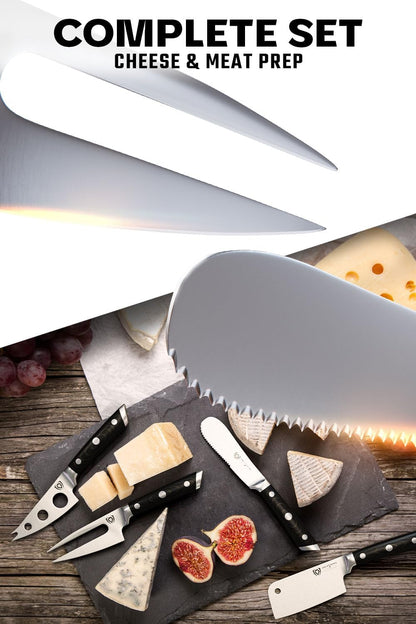 Charcuterie & Cheese Knife Set-4pc-Gladiator Series Elite-Mini Cleaver, Serrated,Round-Tip,Forked Cheese Knives Set-G10 Handle-Soft & Hard Cheese-Sheath-NSF Certified