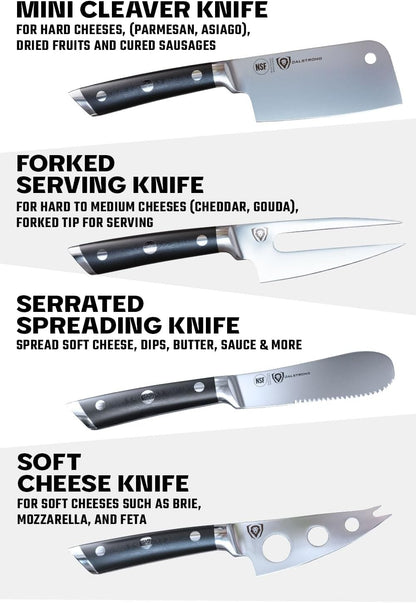 Charcuterie & Cheese Knife Set-4pc-Gladiator Series Elite-Mini Cleaver, Serrated,Round-Tip,Forked Cheese Knives Set-G10 Handle-Soft & Hard Cheese-Sheath-NSF Certified