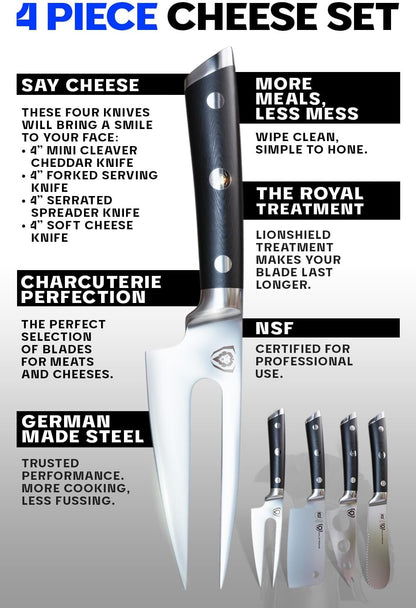 Charcuterie & Cheese Knife Set-4pc-Gladiator Series Elite-Mini Cleaver, Serrated,Round-Tip,Forked Cheese Knives Set-G10 Handle-Soft & Hard Cheese-Sheath-NSF Certified