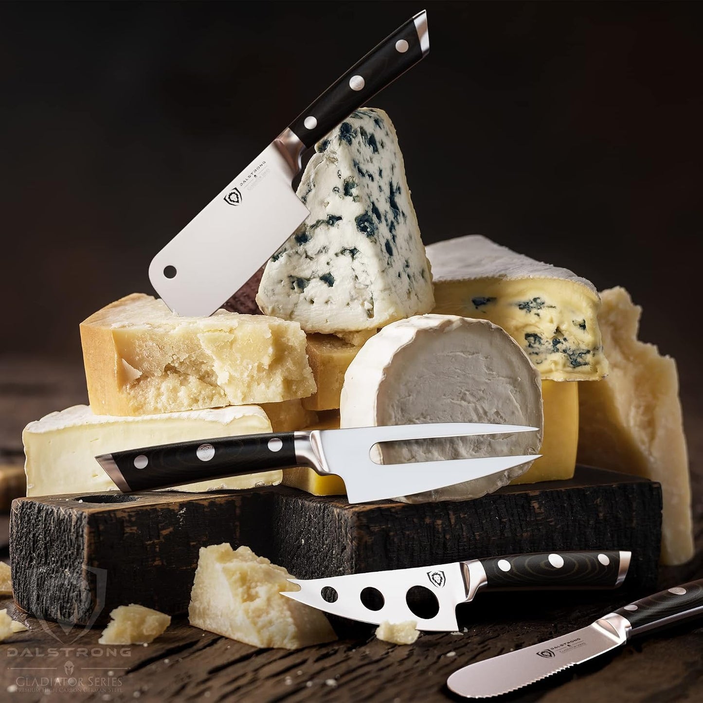 Charcuterie & Cheese Knife Set-4pc-Gladiator Series Elite-Mini Cleaver, Serrated,Round-Tip,Forked Cheese Knives Set-G10 Handle-Soft & Hard Cheese-Sheath-NSF Certified