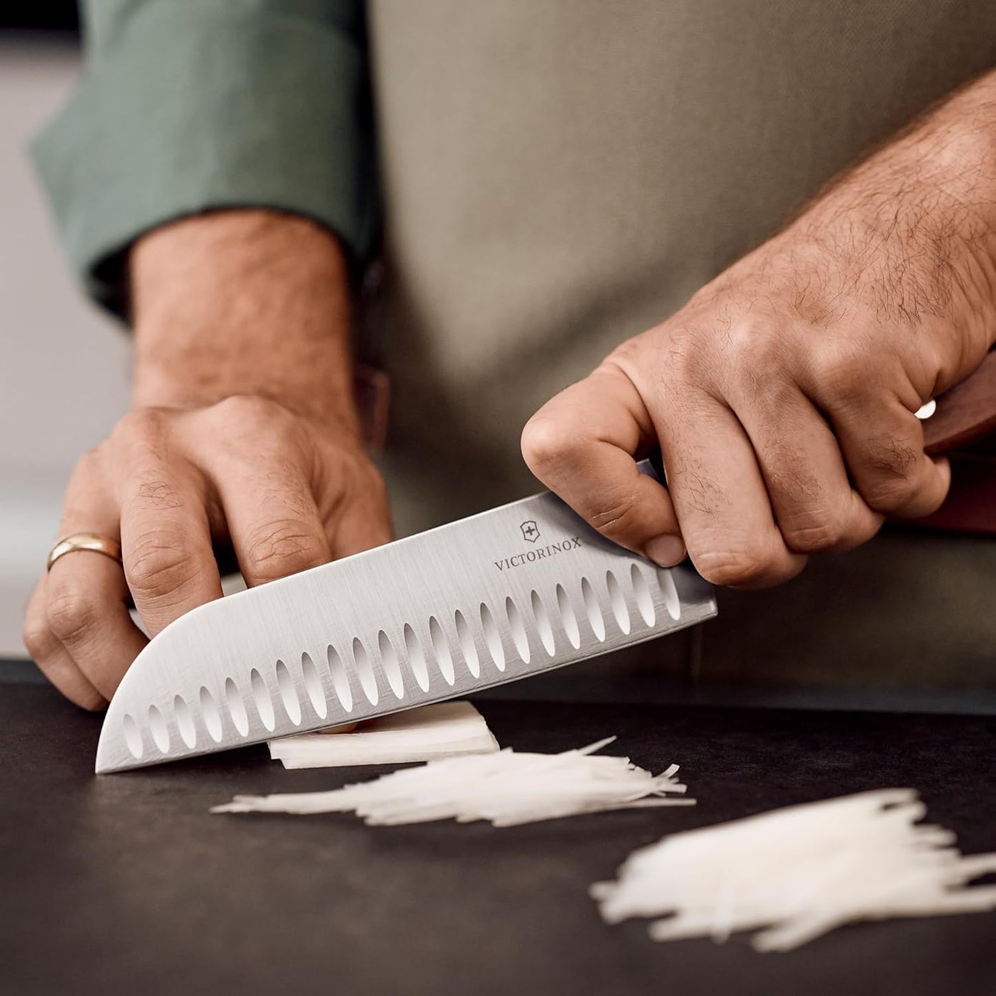Wood 7-Inch Santoku Knife, Granton Blade, Wood Handle