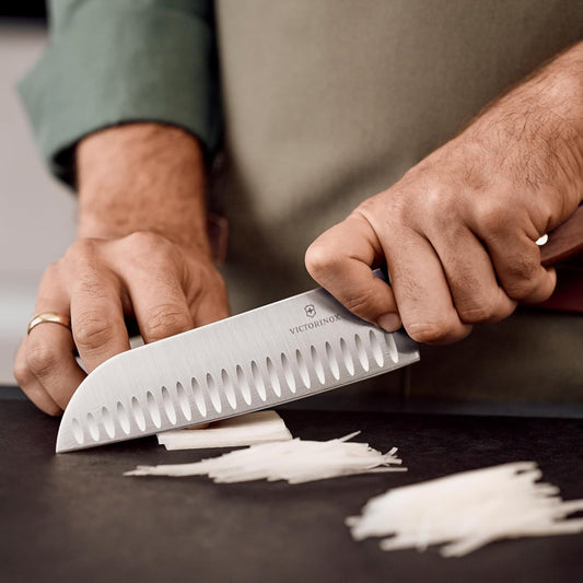 Wood 7-Inch Santoku Knife, Granton Blade, Wood Handle