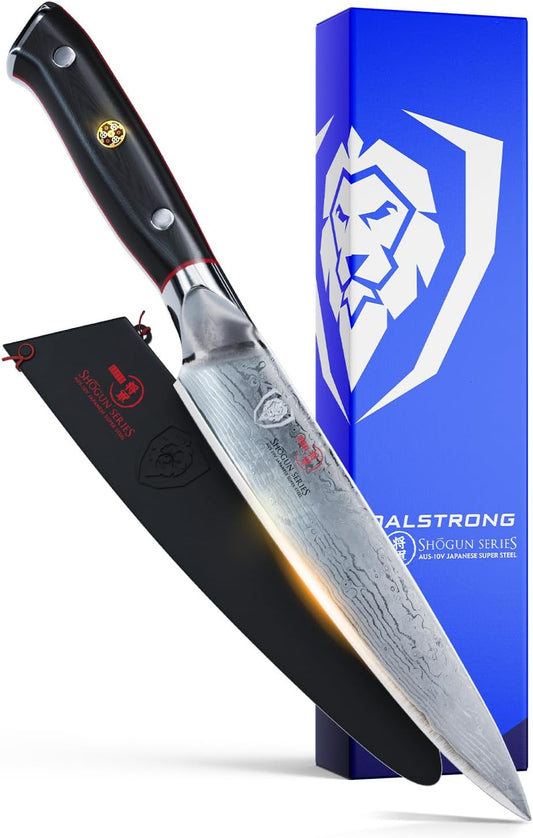 Utility Knife - Shogun Series Petty - Damascus - Japanese AUS-10V Super Steel - Vacuum Heat Treated - 6" - Sheath