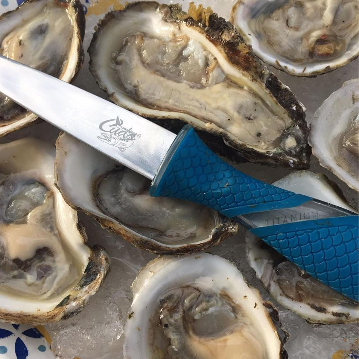 3.5" Shucking Knife | Titanium Bonded Rust & Corrosion Resistant Stainless Steel Oyster Prying & Shucking Tool with Non-Slip Scale Pattern Grip