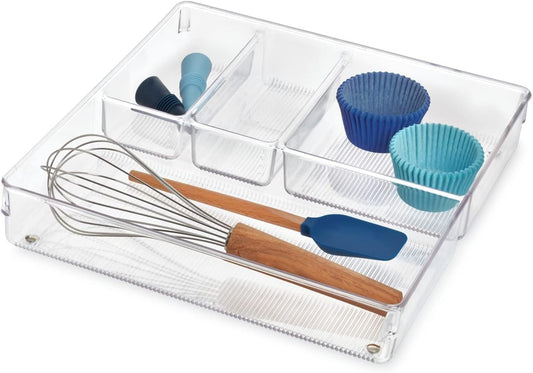 Linus Kitchen Drawer Organizer for Silverware, Spatulas, Gadgets - 12" x 12" x 2", Clear