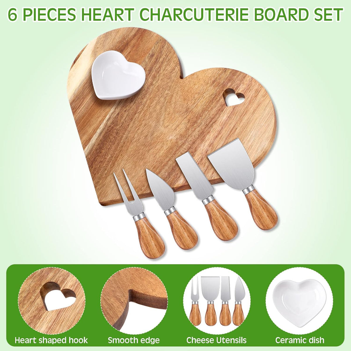6 Pcs Heart Shaped Charcuterie Board and Serving Set