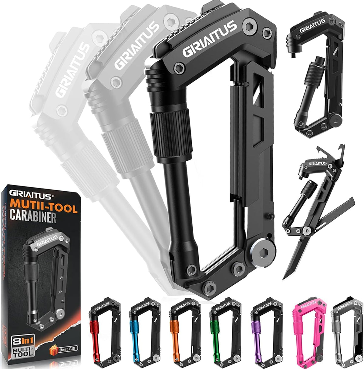 Carabiner Multitool 8-in-1 EDC Carabiners Pocket Knife for Camping, Black | Gifts for Men, Folding Serrated Knife, Bottle Opener, Rope Cutter, Screwdriver, Ruler, Survival Gear for Hiking Packs Carry