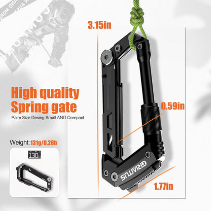 Carabiner Multitool 8-in-1 EDC Carabiners Pocket Knife for Camping, Black | Gifts for Men, Folding Serrated Knife, Bottle Opener, Rope Cutter, Screwdriver, Ruler, Survival Gear for Hiking Packs Carry