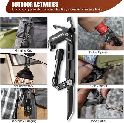 Carabiner Multitool 8-in-1 EDC Carabiners Pocket Knife for Camping, Black | Gifts for Men, Folding Serrated Knife, Bottle Opener, Rope Cutter, Screwdriver, Ruler, Survival Gear for Hiking Packs Carry