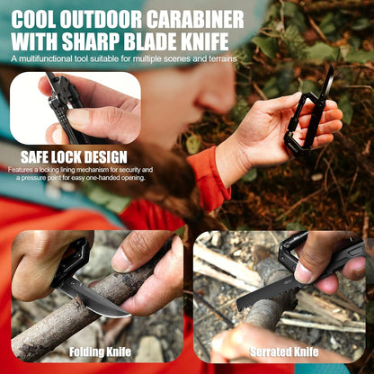 Carabiner Multitool 8-in-1 EDC Carabiners Pocket Knife for Camping, Black | Gifts for Men, Folding Serrated Knife, Bottle Opener, Rope Cutter, Screwdriver, Ruler, Survival Gear for Hiking Packs Carry
