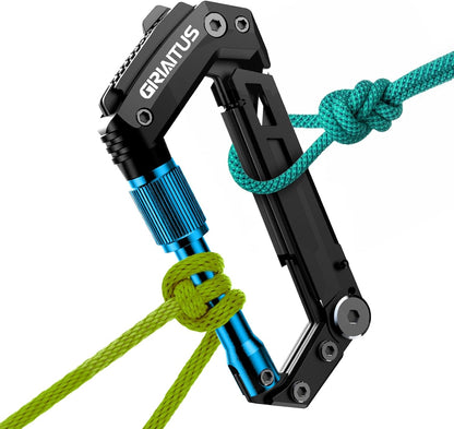 Carabiner Multitool 8-in-1 EDC Carabiners Pocket Knife for Camping, Black | Gifts for Men, Folding Serrated Knife, Bottle Opener, Rope Cutter, Screwdriver, Ruler, Survival Gear for Hiking Packs Carry