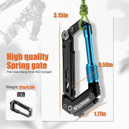 Carabiner Multitool 8-in-1 EDC Carabiners Pocket Knife for Camping, Black | Gifts for Men, Folding Serrated Knife, Bottle Opener, Rope Cutter, Screwdriver, Ruler, Survival Gear for Hiking Packs Carry