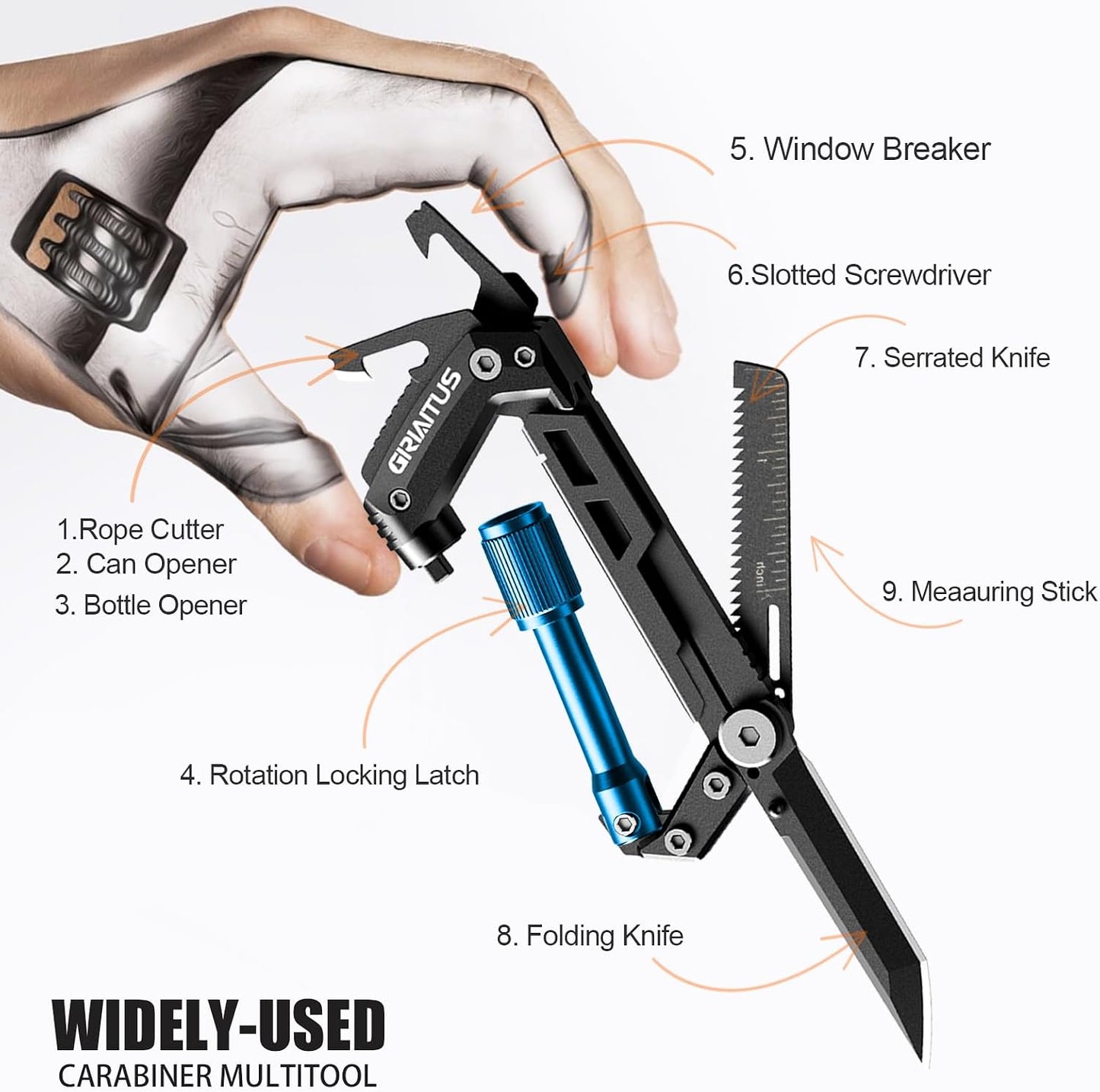 Carabiner Multitool 8-in-1 EDC Carabiners Pocket Knife for Camping, Black | Gifts for Men, Folding Serrated Knife, Bottle Opener, Rope Cutter, Screwdriver, Ruler, Survival Gear for Hiking Packs Carry