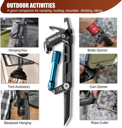 Carabiner Multitool 8-in-1 EDC Carabiners Pocket Knife for Camping, Black | Gifts for Men, Folding Serrated Knife, Bottle Opener, Rope Cutter, Screwdriver, Ruler, Survival Gear for Hiking Packs Carry