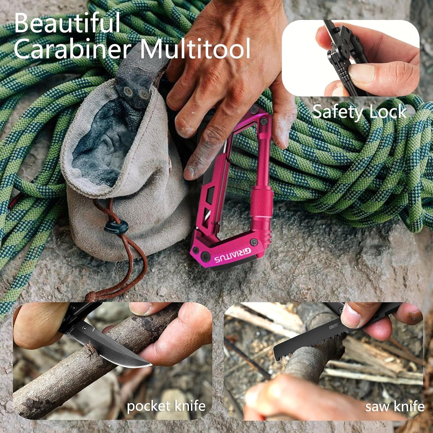 Carabiner Multitool 8-in-1 EDC Carabiners Pocket Knife for Camping, Black | Gifts for Men, Folding Serrated Knife, Bottle Opener, Rope Cutter, Screwdriver, Ruler, Survival Gear for Hiking Packs Carry