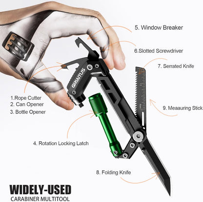 Carabiner Multitool 8-in-1 EDC Carabiners Pocket Knife for Camping, Black | Gifts for Men, Folding Serrated Knife, Bottle Opener, Rope Cutter, Screwdriver, Ruler, Survival Gear for Hiking Packs Carry